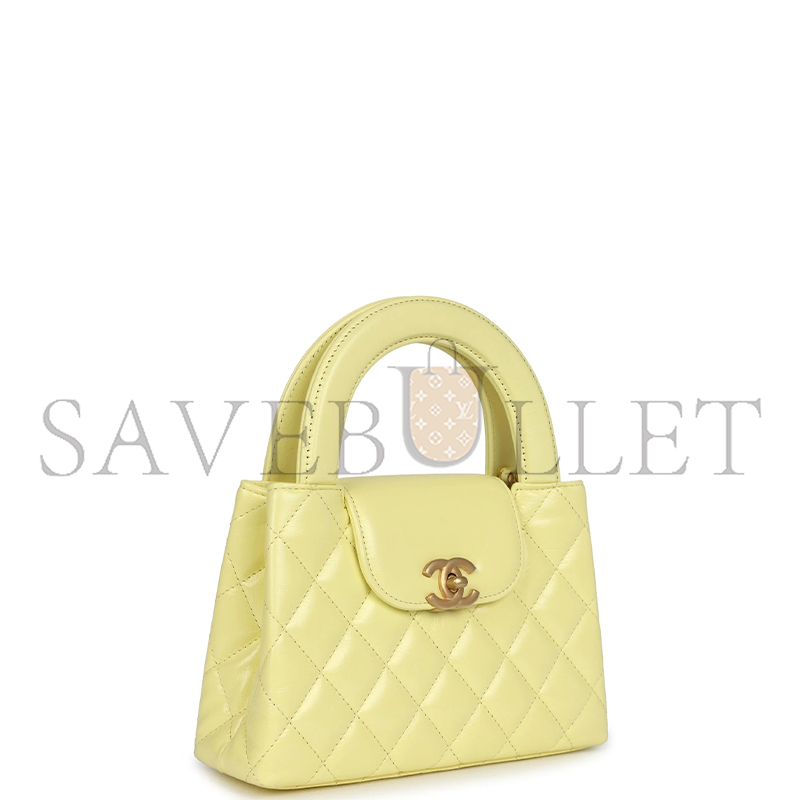 Ch*el kelly yellow shiny calfskin brushed gold hardware as4416 (19*13*7cm)